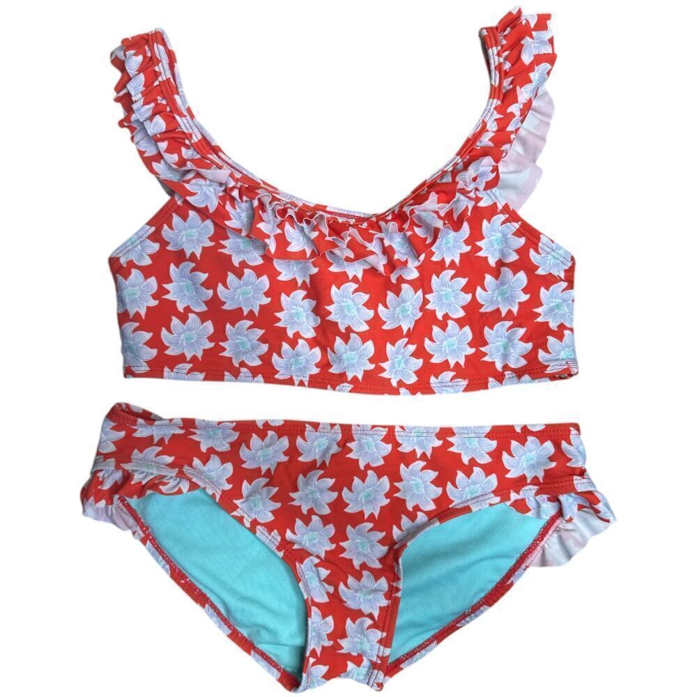 Raisins Girls Coral Blue Floral Print 2 PC Bikini Swimwear GIrls Size 14